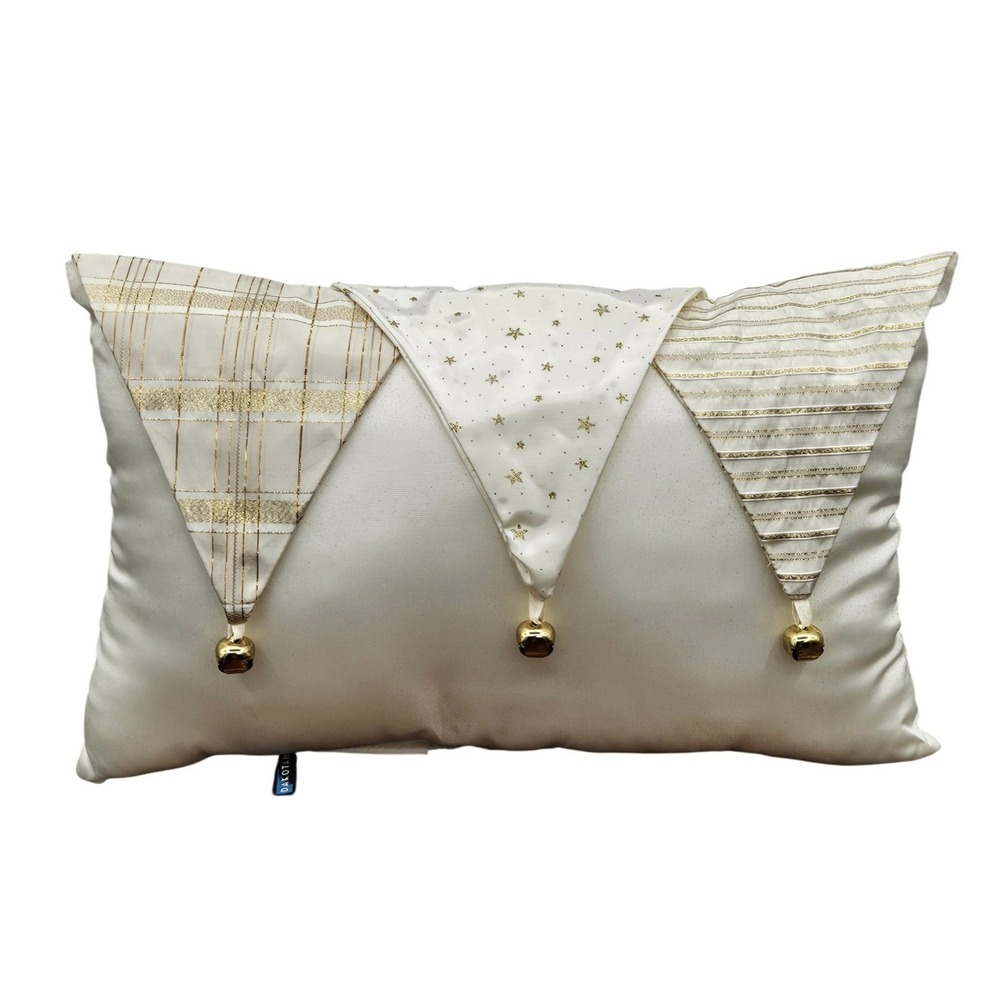Dakota Gold Metallic Jester Bell Lumbar Pillow Cream Plaid Stars Stripes Festive